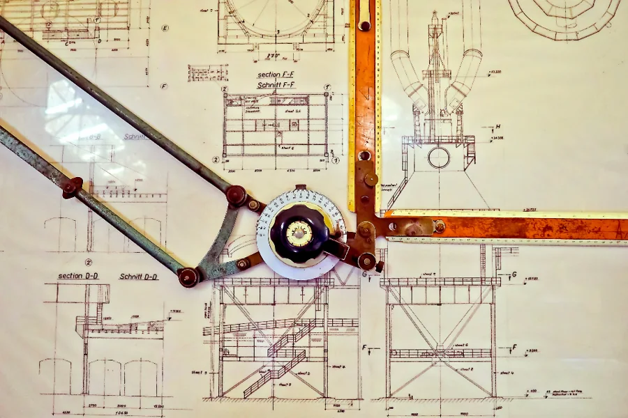 A detailed technical drawing with a ruler and protractor