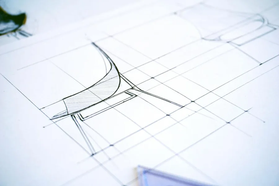 A hand-drawn design sketch on paper
